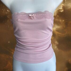 Strapless Lace-Trim Ribbed Bandeau - Pink